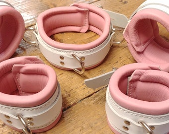 Pink and White Bondage Restraints Wrist Ankle and Collar bondage Cuffs