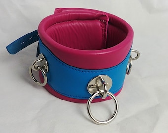 Bondage Haltung Kragen Teal Blau und Hot Pink Schwere Gepolsterte Echtleder Pink