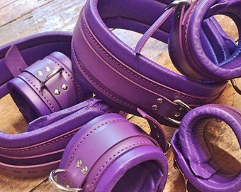 Purple Bondage Cuffs Restraints, Wrist, Ankle and Thigh Cuffs Padded Lamb Lined