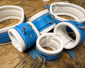 Bondage Cuffs Restraints, Wrist, Ankle and Thigh Cuffs Padded Lamb Lined Teal Blue and Cream