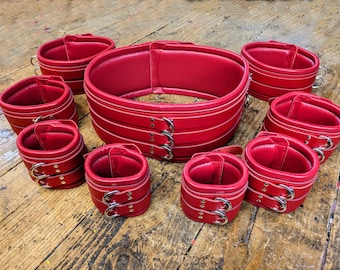 Wide Bondage Restraints Wrist, Ankle, thigh, bicep Cuffs and waist belt, Super Heavy, Padded, Bdsm, Real Leather, Red or any colour.