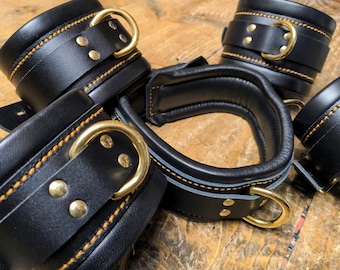 Black and Brass Bondage Restraint Cuffs Real Leather Heavy Padded Wrist, Ankle Cuffs, Collar