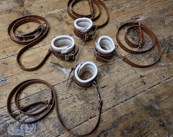Leather Bondage Restraints Wrist and Ankle Collar Cuffs and Long Bed Attaching Straps, Any colour!