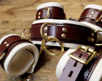 Rich Chestnut Brown and Brass Bondage Restraint Cuffs Real Leather Heavy Padded Wrist, Ankle Cuffs, Collar