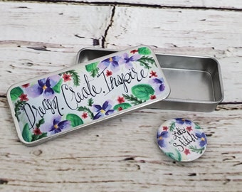 Magnetic Needle Tin | Dream Create Inspire | Let's Stitch | Purple Floral Design | Sewing Needle Storage