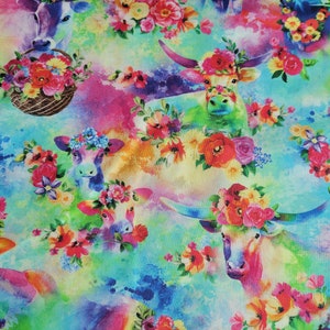 Cosmic Cow Rainbow Floral | Cosmic Cows Digital by Oasis Fabrics Collection | Longhorn