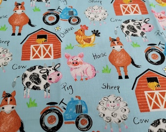 Farm Crayola Cotton Nursery Fabric | Coloring on the Farm | Farm Animal Fabric | Blue | By the Yard