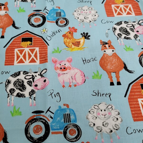 Farm Crayola Cotton Nursery Fabric | Coloring on the Farm | Farm Animal Fabric | Blue | By the Yard