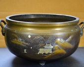 Large quot Chokin Samurai quot Japanese Engraved Mountain Scene Mieji Period Bronze Hibachi Circa 1880 39 s