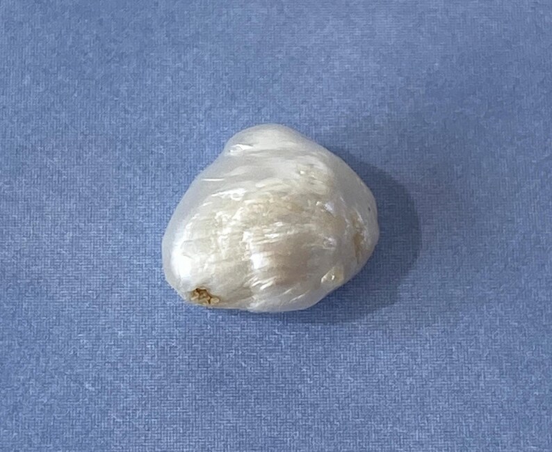 May include: A single, irregularly shaped, off-white pearl, possibly baroque, resting on a textured, light blue surface. The pearl has a lustrous, slightly translucent appearance, with subtle variations in color and texture.