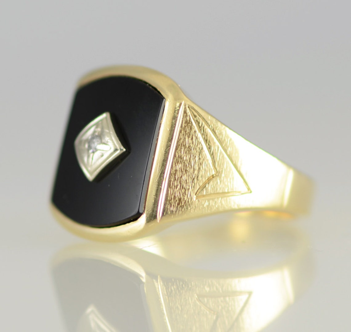 Vintage Black Onyx and Diamond 14K Yellow Solid Gold Ring Size Etsy