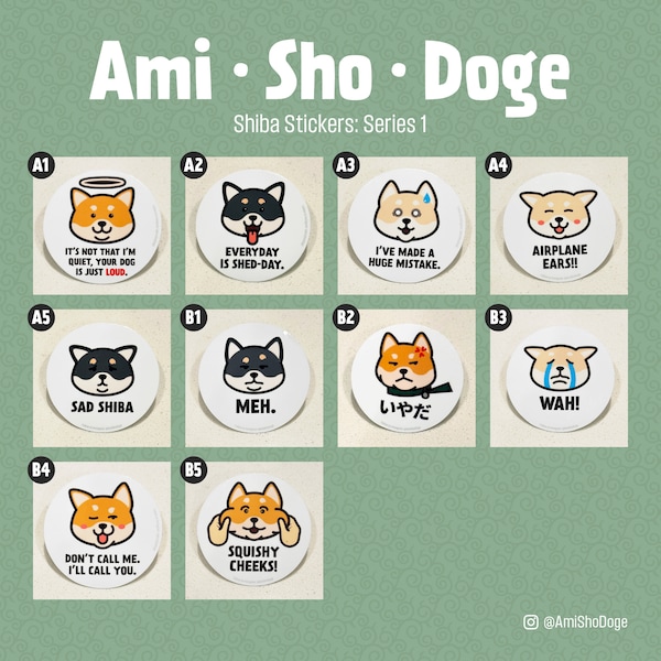 Ami Doge Sho Shiba Inu Round 2.5" Vinyl Stickers Decals Japanese Dogs Cute Chibi Kawaii Anime