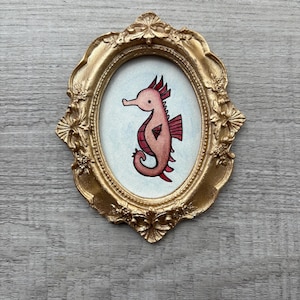 Seahorse Painting With Frame, Cute Watercolor Painting, tiny art, underwater art - Cute Mermaid - Watercolor Art