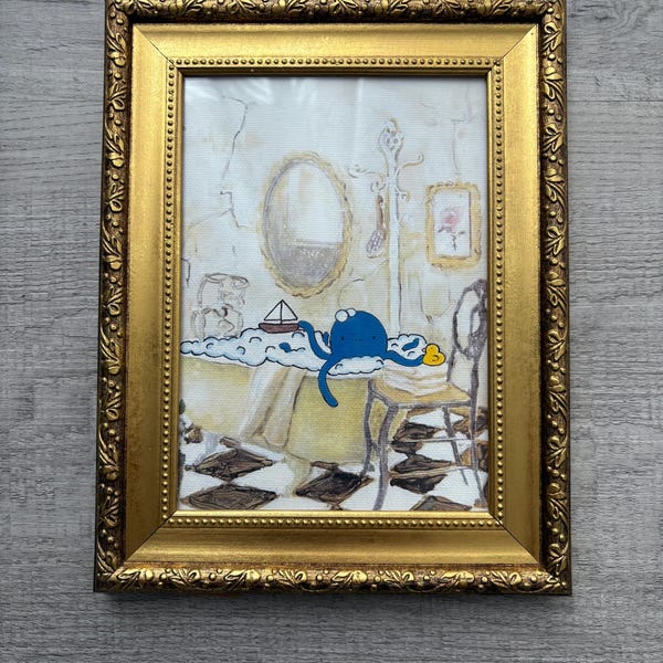 Oktopus Baden im Bad Foto Wandbild Mit Rahmen - Niedliches Gemälde - Upcycled Art