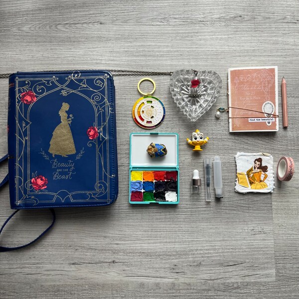 Beauty & The Beast Watercolor Travel Set With Vintage Beaded Purse - Travel set - Portable Painting Palette - Handmade Sketchbook