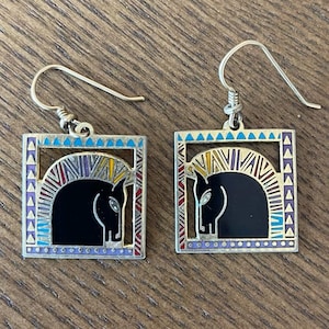 Vintage Laurel Burch Equus Horse Earrings, Square Cloisonne Enamel Dangle Earrings, 1980s Southwestern Gold Tone Stallion Jewelry