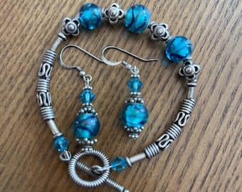 Sterling Silver and Glass Bead Bracelet and Matching Earrings