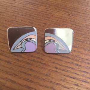 Vintage Laurel Burch Tori-Mon White Pink Enamel Silver Tone Post Pierced Earrings