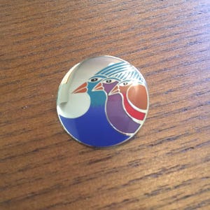 Vintage Laurel Burch Signed Celestial Birds Pin Brooch - Silver Plated and Cloisonne
