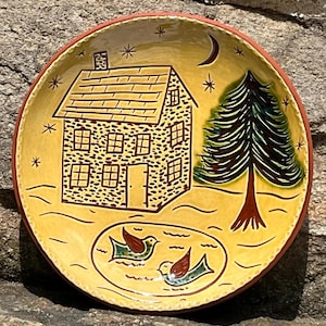 Cabin in the Woods with Ducks! on a 7 Inch Redware Plate - Pennsylvania German Redware Pottery by Wilz Pottery - SG1474