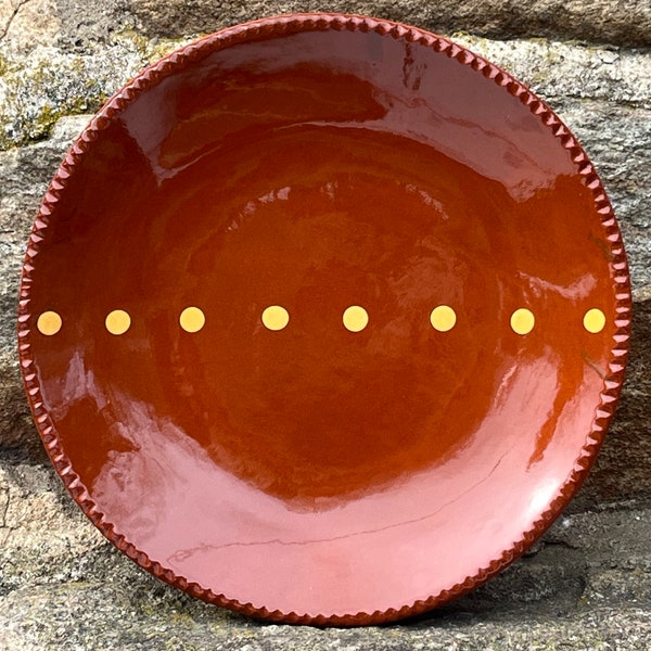 Ohh A Line of Dots!  Slipware Plate - 9 inch Deep Redware Dish  - Pennsylvania German Pottery - SP811