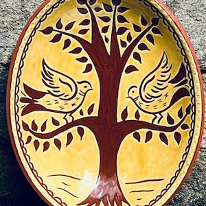 Love Birds in a Tree on a 7 inch Oval Bowl - Pennsylvania German Redware Pottery made in Pa by Wilz Pottery - SG1482