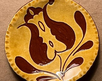 A Redware Tulip on a round ornament - Handmade Pennsylvnaia German Redware Ornament - R94