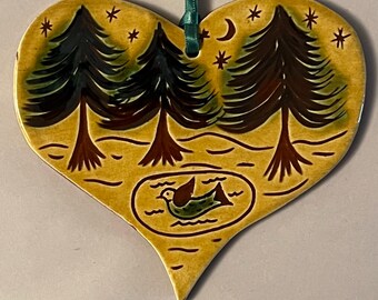 3 Pine Trees and a Duck Pond  Redware Ornament # H100