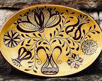 Six Very Pretty Flowers - 14 inch Platter - Pennsylvania German Redware -  Folk Art - SG1230