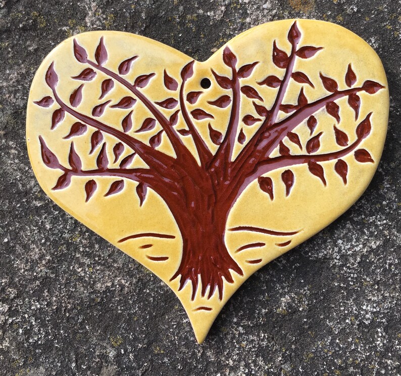 Folk Art Pottery Tree of Life Heart Ornament in Yellow