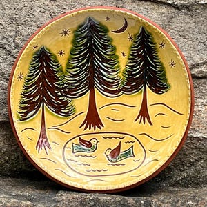 Three Pine Trees with Ducks!  on a 7 Inch Redware Plate - Pennsylvania German Redware Pottery - SG1476