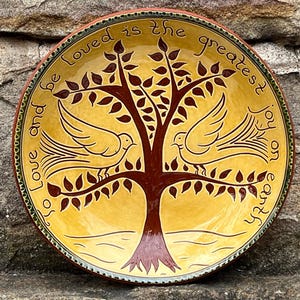To Love Love Birds in a Tree - Deep Dish - Redware Sgraffito Pottery Plate - SG1444