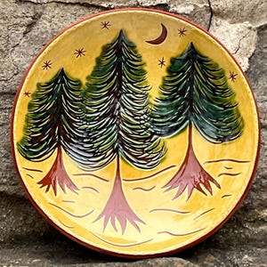 Three Pine Trees on a 7 Inch Redware Plate - Pennsylvania German Redware Pottery - SG1433