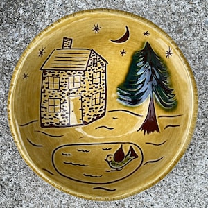 A Cabin in the Woods in the Moonlight -  5 inch Bowl - Pennsylvania German Redware Pottery - Sgraffito by Denise Wilz - SG1432