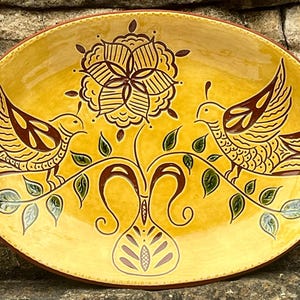 Love Birds with a Pretty Flower - Pennsylvania German Redware Platter - SG1452