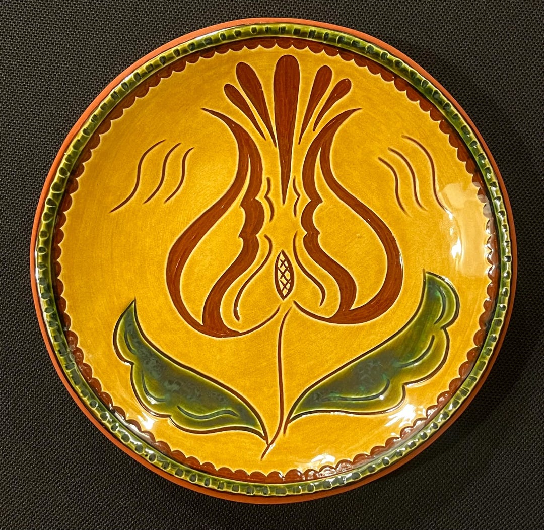 Pennsylvania German Redware Plate - A Pretty Flower With Green Leaves ...