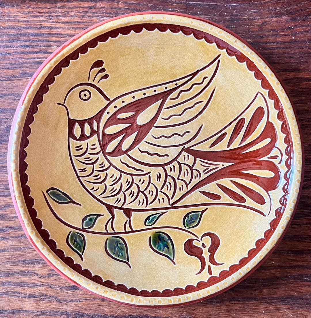 Folk Bird on a 7 Inch Dish - Pennsylvania German Redware Pottery by ...