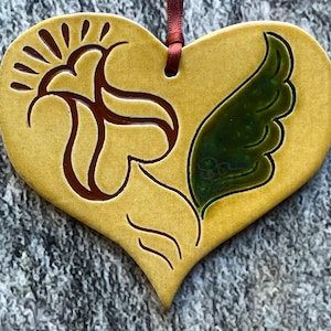 A Tulip with Hearts Ornament - Pennsylvania Redware Pottery by Denise Wilz - H61