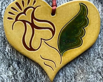 A Tulip with Hearts Ornament - Pennsylvania Redware Pottery by Denise Wilz - H61