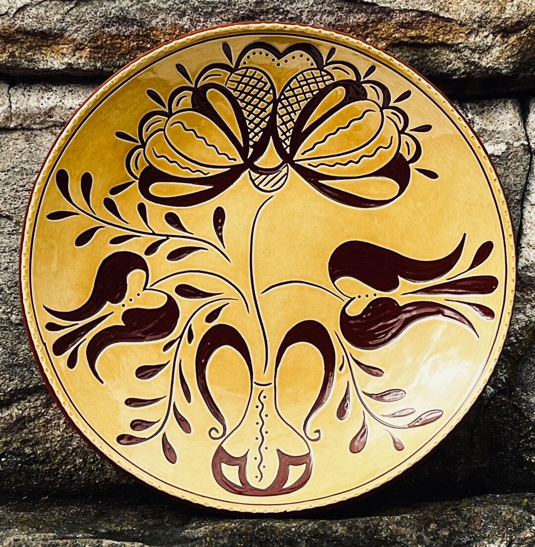 Pennsylvania German Redware Deep Dish: Three Flowers, Handmade Pottery ...