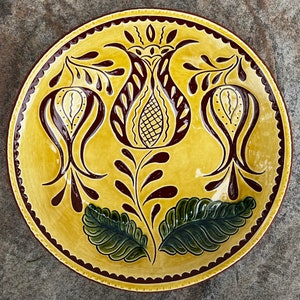Upside Down Tulips -  Sgraffito 10 inch Bowl - Pennsylvania German Redware Pottery - SG1243