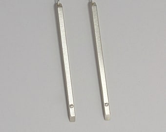 Diamond Earring, Sterling Silver Bar Earrings, Sterling Silver Earrings With Tiny Diamonds, Silver Diamond Drop Earrings,  Dangle  Earrings