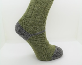 100% Pure Shetland Wool Bed Socks - Granny Smith Green with Grey
