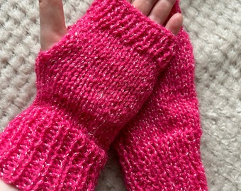 Sparkly Pink Fingerless Gloves, Ladies Pink Gloves, Glittery Pink Gloves, Girls Shocking Pink Gloves, Sparkly Pink Party Gloves, Knit Gloves