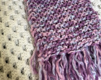 Chunky Purple Hand Knit Scarf With Fringe