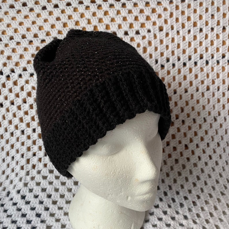 Glittery Black Beanie Hand Crocheted 