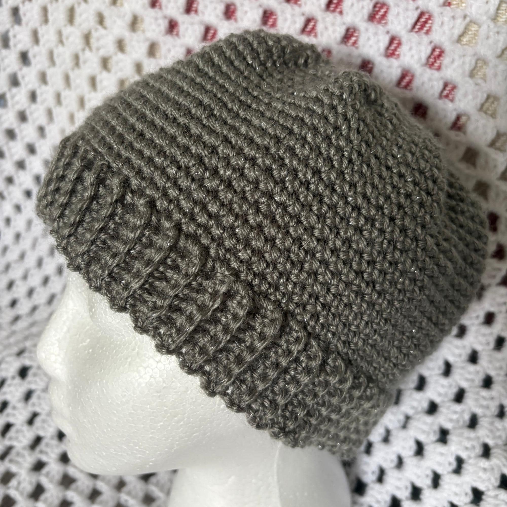 Sparkly Silver Grey Crochet Beanie, Ribbed Winter Hat, Custom Colors (Made to Order)