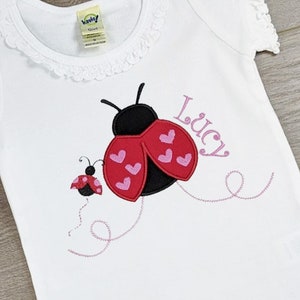 Girls Valentine&#39;s Day Shirt • Red Pink Ladybugs • Hearts Love Lady Bugs • My First Valentine Top • Infant Toddler Girl Custom Name T-Shirt