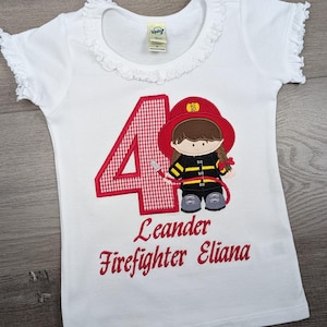 Girls Firefighter Birthday Shirt • Personalized Party Tee • Fire-fighter Outfit Helmet & Hose • Fireman Firewoman Turnout Gear T-Shirt