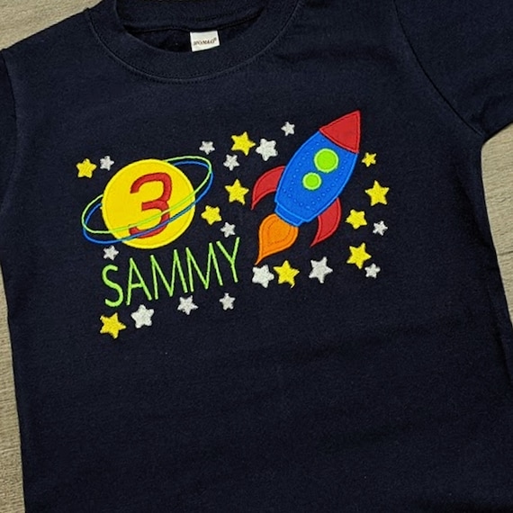 Embroidered glitter birthday childrens t shirt with the name of your choice personalised-space rocket